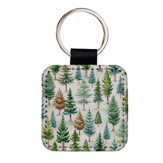 Pine Trees Forest Square Faux Leather Keychain