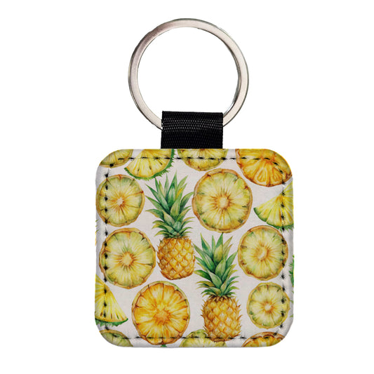 Pineapple Slices Fruit Square Faux Leather Keychain
