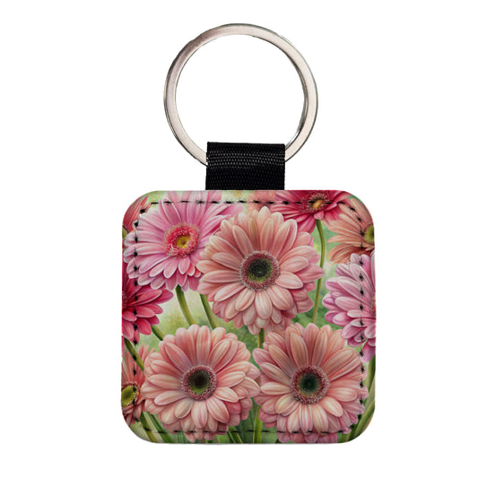 Pink Gerbera Daisies Flowers Watercolor Square Faux Leather Keychain