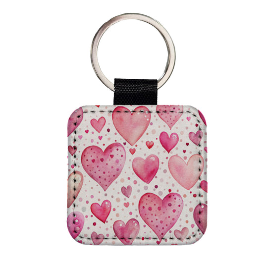 Pink Hearts Polka Dots Valentine's Love Anniversary Square Faux Leather Keychain