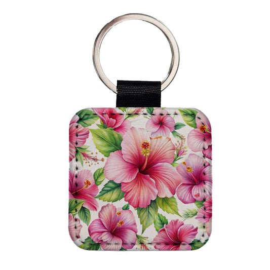 Pink Hibiscus Tropical Flowers Watercolor Square Faux Leather Keychain