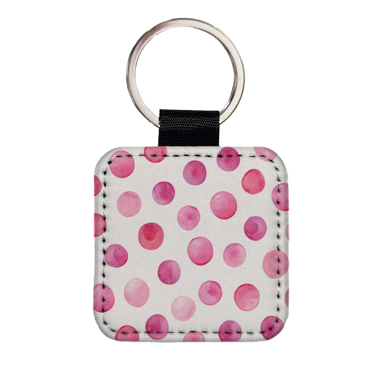 Pink Polka Dots White Background Square Faux Leather Keychain