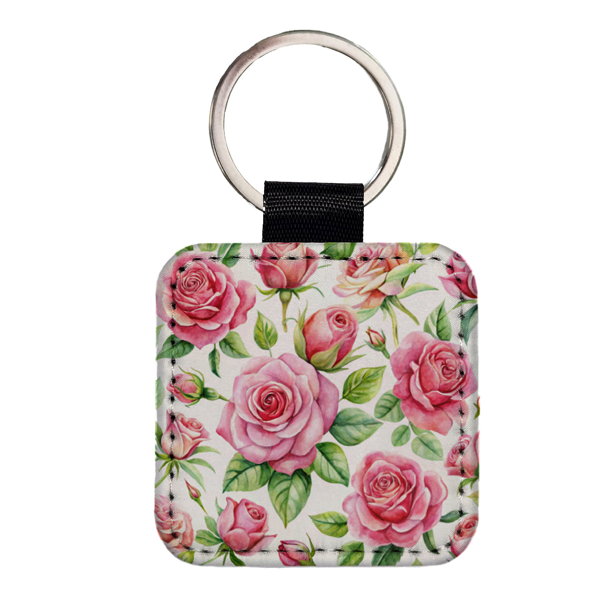 Pink Roses Flowers Watercolor Square Faux Leather Keychain