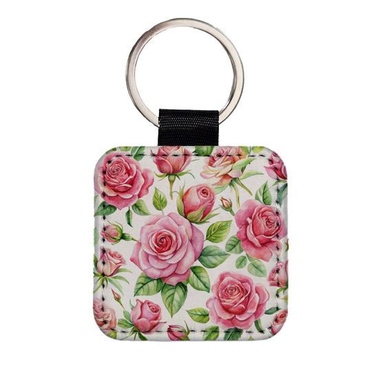Pink Roses Flowers Watercolor Square Faux Leather Keychain