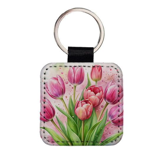 Pink Tulips Flowers Watercolor Square Faux Leather Keychain