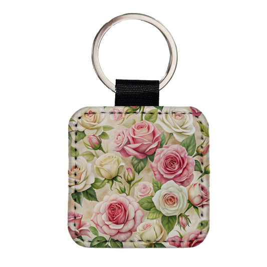 Pink White Roses Flowers Watercolor Square Faux Leather Keychain