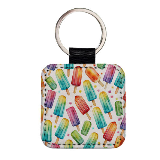 Popsicles Fun Colorful Square Faux Leather Keychain