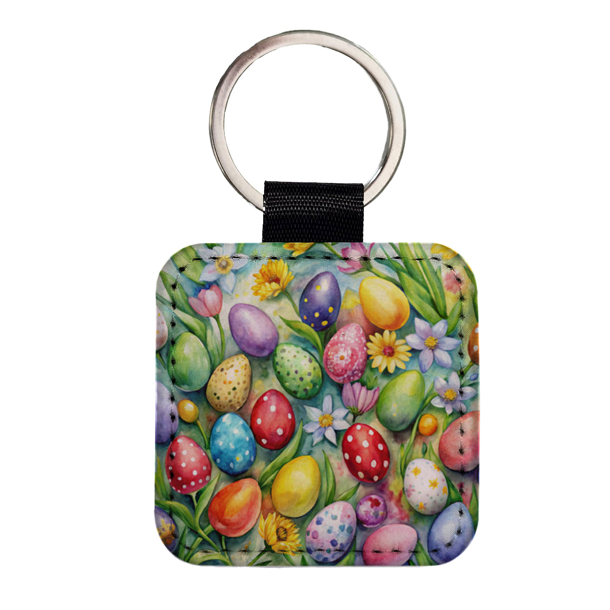 Pretty Easter Eggs Flowers Watercolor Square Faux Leather Keychain