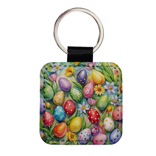 Pretty Easter Eggs Flowers Watercolor Square Faux Leather Keychain