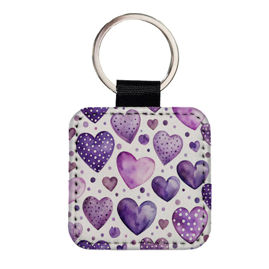 Purple Hearts Polka Dots Watercolor Square Faux Leather Keychain