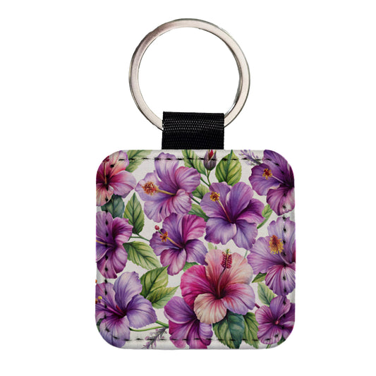 Purple Hibiscus Flowers Watercolor Square Faux Leather Keychain