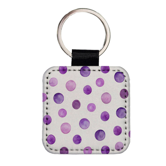 Purple Polka Dots Fun White Background Square Faux Leather Keychain
