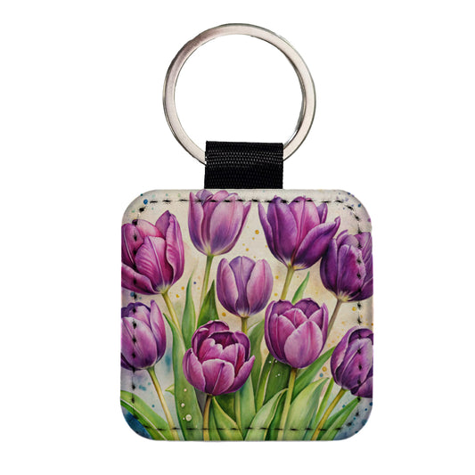 Purple Tulips Flowers Watercolor Square Faux Leather Keychain