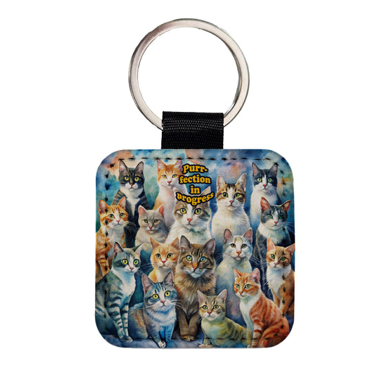 Purrfection Perfection In Progress Cats Lover Funny Square Faux Leather Keychain