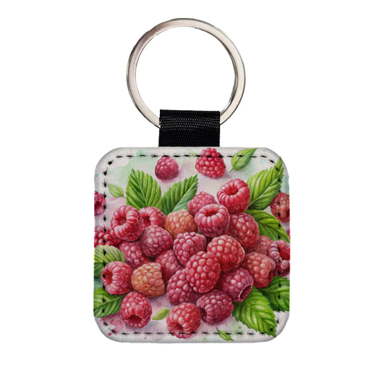 Raspberries Fruit Watercolor Square Faux Leather Keychain