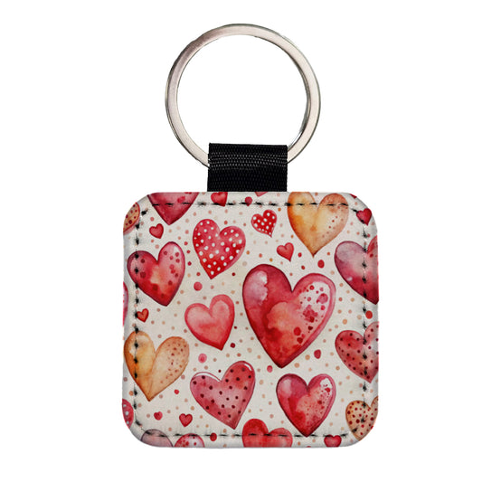 Red Hearts Polka Dots Love Valentine's Day Anniversary Square Faux Leather Keychain
