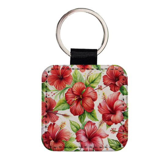 Red Hibiscus Flowers Watercolor Square Faux Leather Keychain