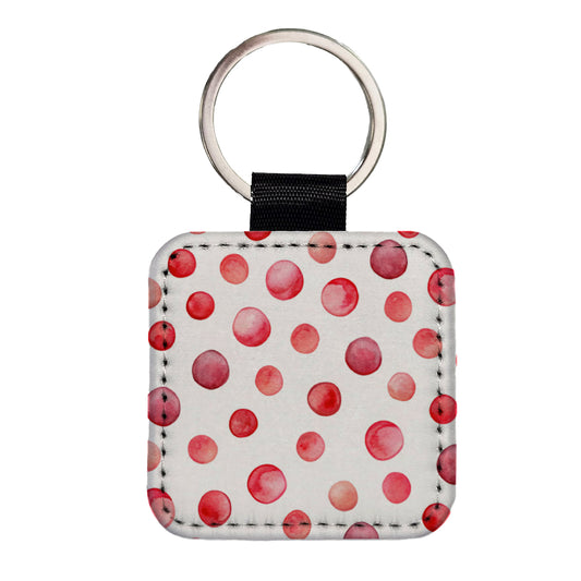 Red Polka Dots Fun White Background Square Faux Leather Keychain