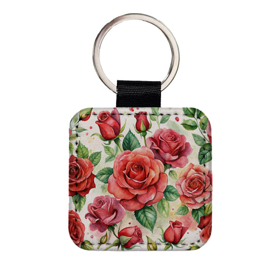 Red Roses Flowers Watercolor Square Faux Leather Keychain
