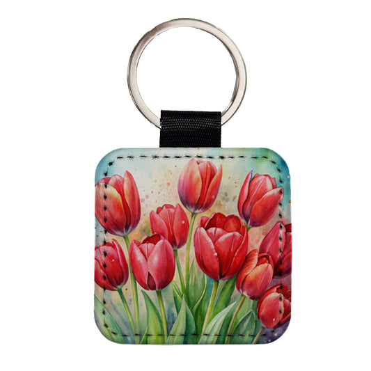Red Tulips Flowers Watercolor Square Faux Leather Keychain