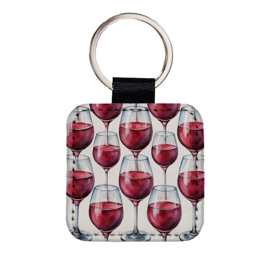 Red Wine Glasses Watercolor Square Faux Leather Keychain