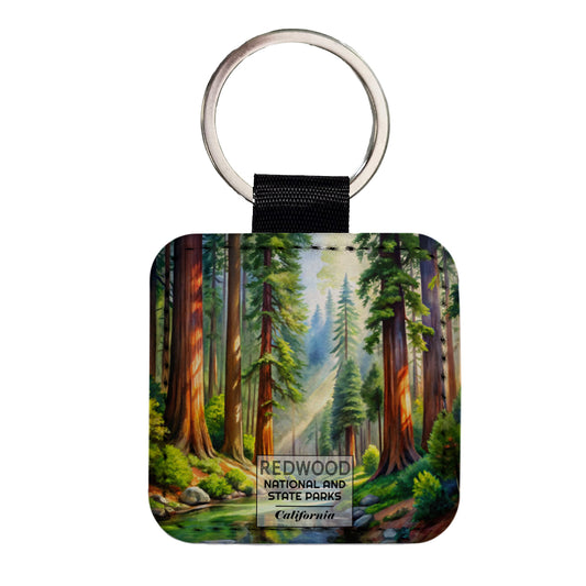 Redwood National Park California Watercolor Square Faux Leather Keychain