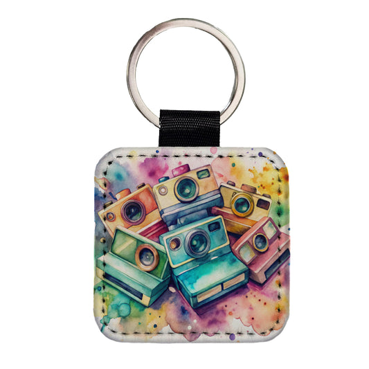 Retro Instant Cameras Photographer Watercolor Square Faux Leather Keychain