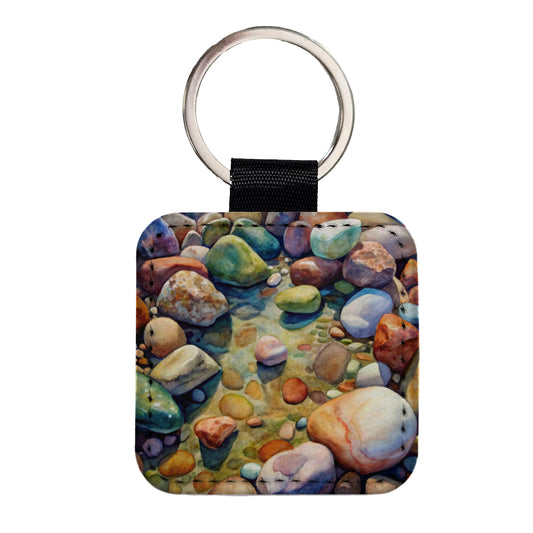River Rocks Watercolor Square Faux Leather Keychain