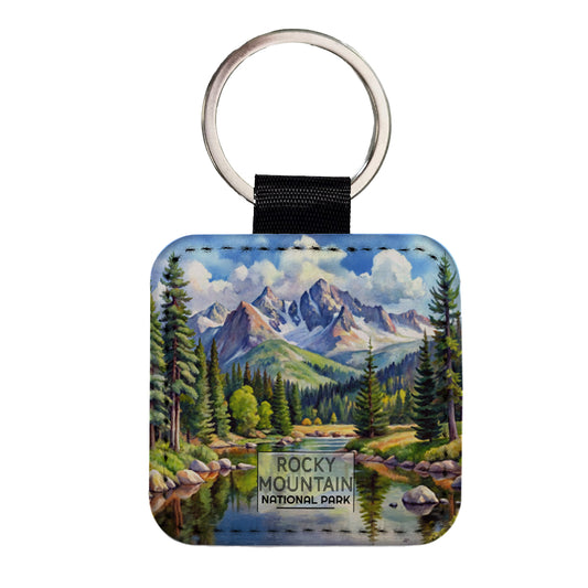 Rocky Mountain National Park Colorado Watercolor Square Faux Leather Keychain