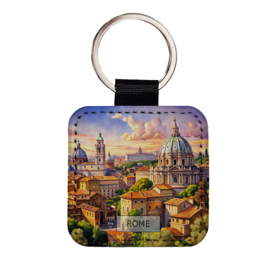 Rome Italy Travel City Watercolor Square Faux Leather Keychain