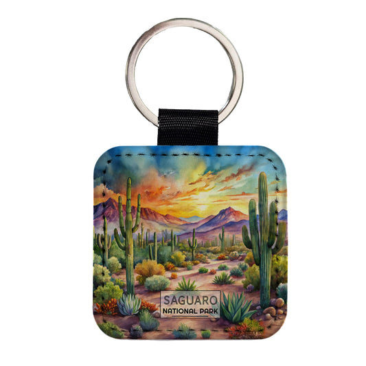 Saguaro National Park Cactus Arizona Watercolor Square Faux Leather Keychain