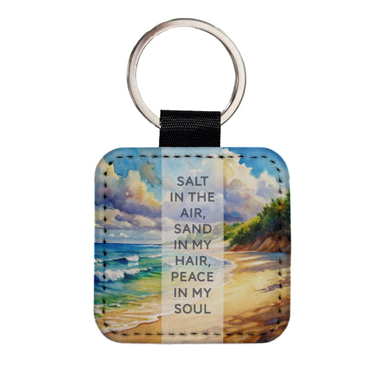 Salt Sand Peace Inspirational Beautiful Beach Ocean Watercolor Square Faux Leather Keychain