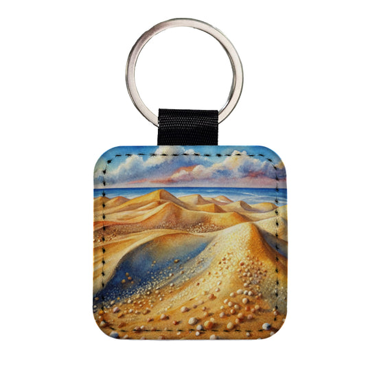 Sandy Desert Mountains Watercolor Square Faux Leather Keychain