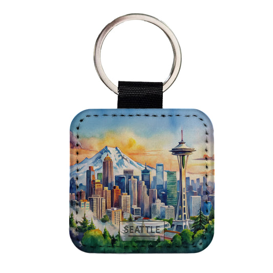 Seattle Washington Space Needle Travel City Watercolor Square Faux Leather Keychain