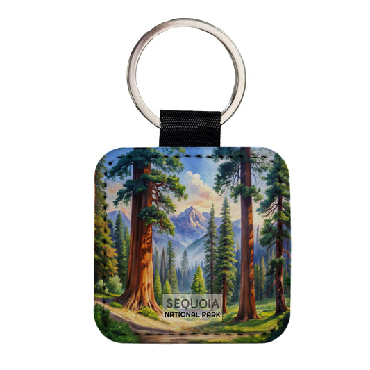 Sequoia National Park California Watercolor Square Faux Leather Keychain