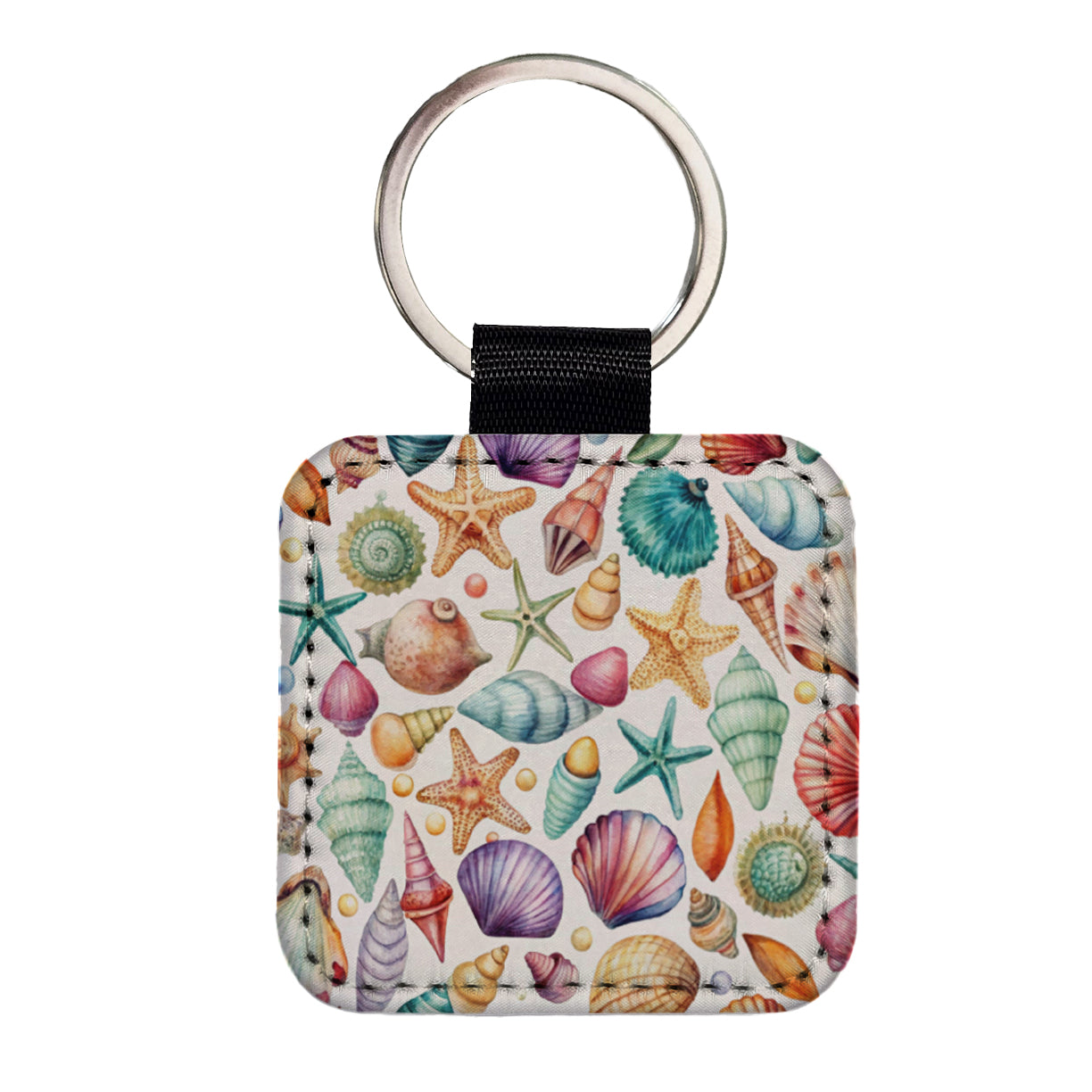 Shells Scattered Beach Square Faux Leather Keychain