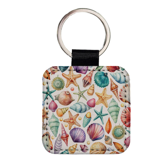 Shells Scattered Beach Square Faux Leather Keychain