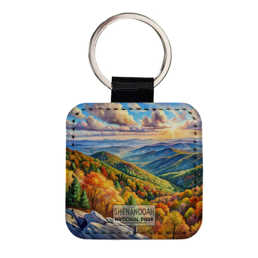 Shenandoah National Park Virginia Watercolor Square Faux Leather Keychain