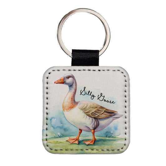 Silly Goose Funny Watercolor Square Faux Leather Keychain