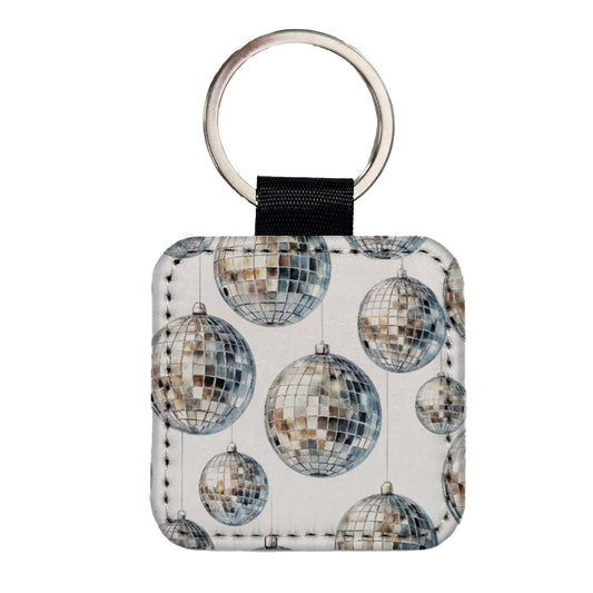 Silver Disco Balls Watercolor Square Faux Leather Keychain