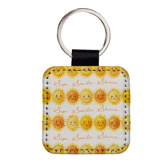 Sip Smile Shine Smiling Suns Inspirational Square Faux Leather Keychain