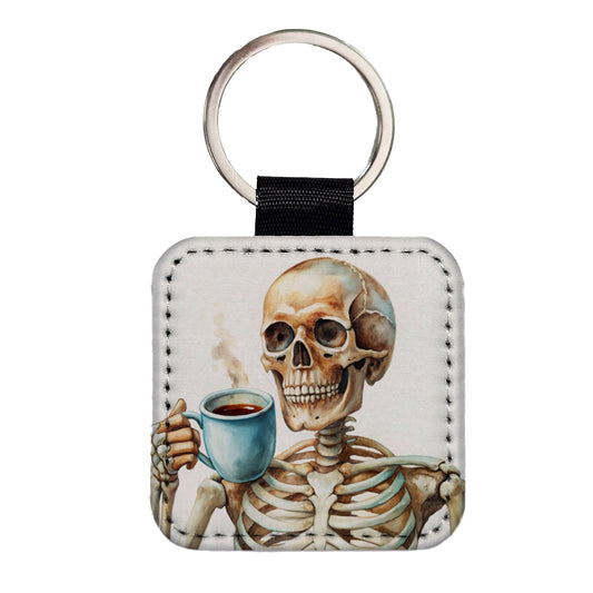 Skeleton Drinking Coffee Watercolor Square Faux Leather Keychain