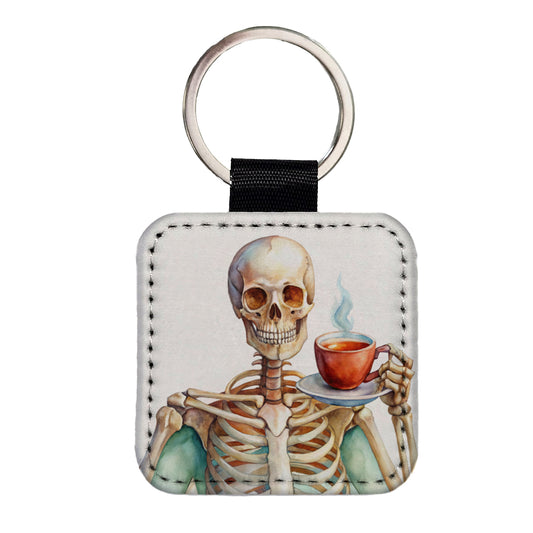 Skeleton Drinking Tea Watercolor Square Faux Leather Keychain