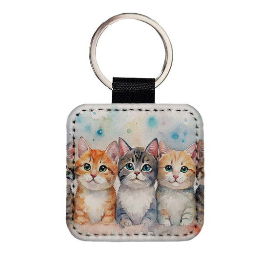 Small Cute Cats In A Row Square Faux Leather Keychain