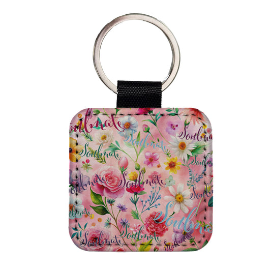 Soulmate Love Wedding Anniversary Flowers Pink Background Square Faux Leather Keychain