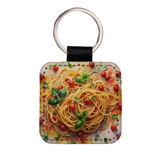 Spaghetti Pasta Italian Food Watercolor Square Faux Leather Keychain