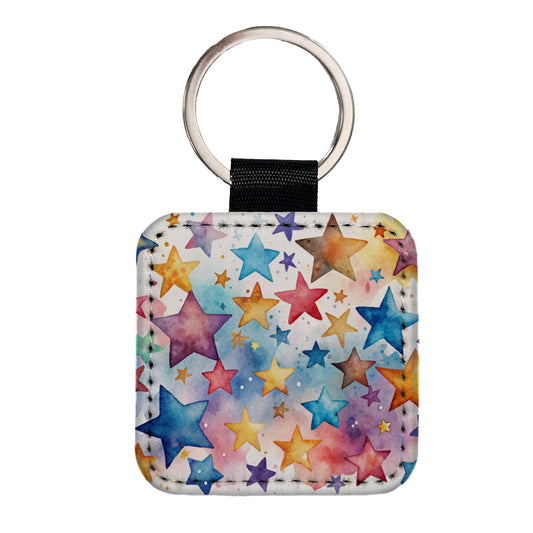 Stars Watercolor Square Faux Leather Keychain