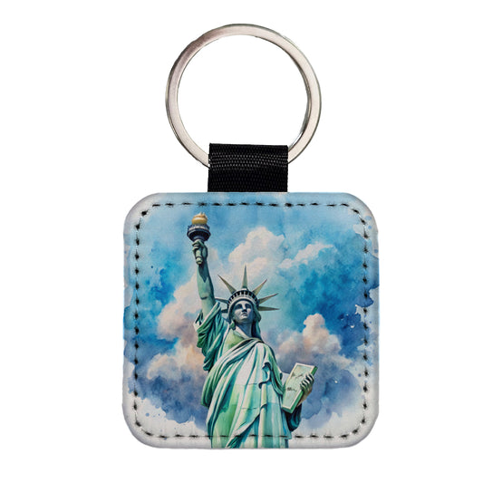 Statue Of Liberty Travel New York Watercolor Square Faux Leather Keychain