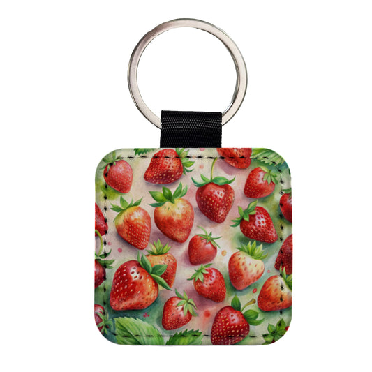Strawberries Fruit Watercolor Square Faux Leather Keychain