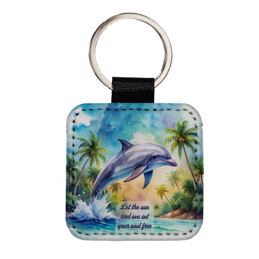 Sun Sea Set Soul Free Inspirational Dolphin Tropical Square Faux Leather Keychain